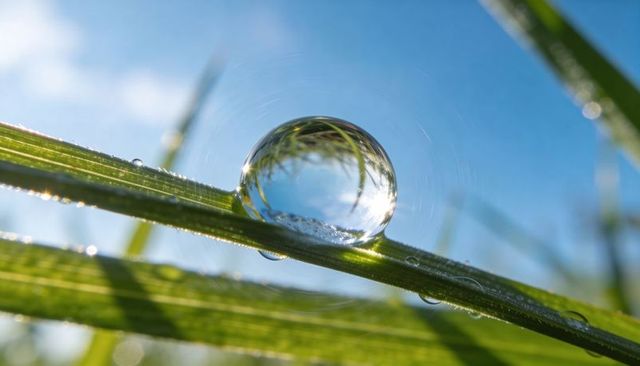 Sunlit dew droplet refracting green grass blades in macro closeup, bright blue sky reflection