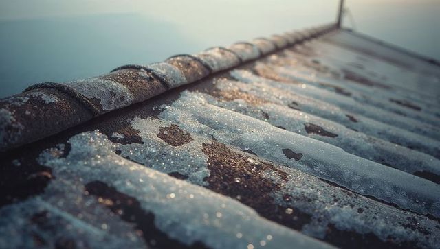 Icy Metal Rooftop with Melting Snow in Winter Light