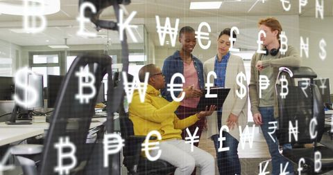 diverse colleagues discussing between currency symbols overlay - Download Free Stock Images Pikwizard.com