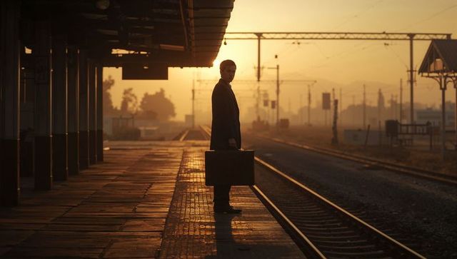 Solitary businessman on train platform at sunrise