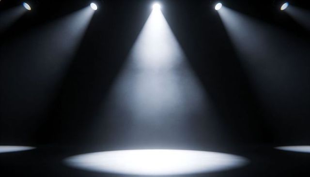 Spotlighting Empty Circular Stage with Dramatic Overhead Beams and Haze