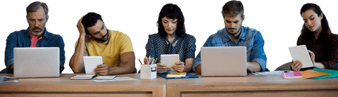 Transparent colleagues collaborating at desk with technology