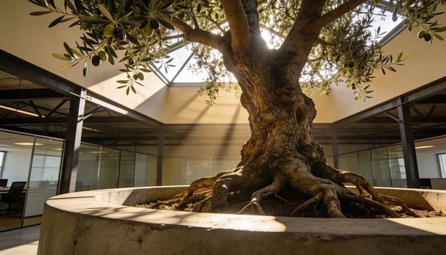 Ancient olive tree showcasing knotted roots and sunlit canopy in modern atrium planter
