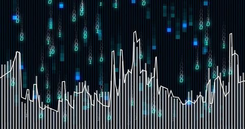 Neon Binary Streams Overlaying Financial Bar Chart with White Trend Line Indicating Volatility