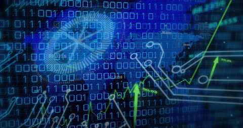 Binary Code and Upwards Arrows Indicating Global Networking Growth