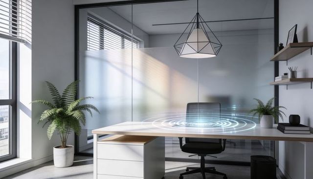 Minimalist modern office with holographic desk interface projecting futuristic data rings