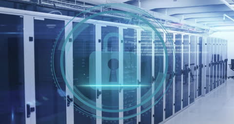 Cybersecurity Concept Over Data Center with Padlock Interface
