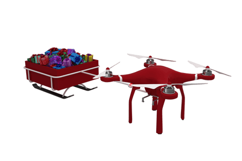 Transparent drone with gift-packed sledge for christmas delivery