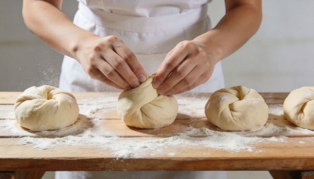 Baker shaping dough knots on floured wooden table for artisan bread making