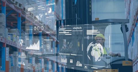 Forklift Operator Navigating Smart Warehouse with Augmented Reality Logistics Dashboards