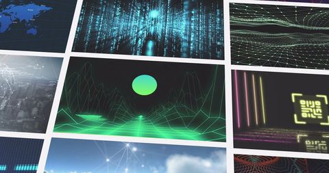 Scrolling digital screens with tech and leisure interface elements