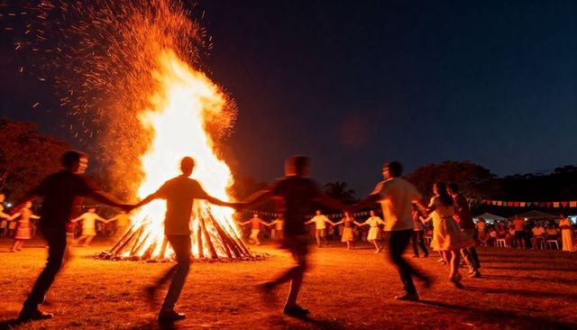People holding hands dancing around roaring bonfire at night festival with bunting
