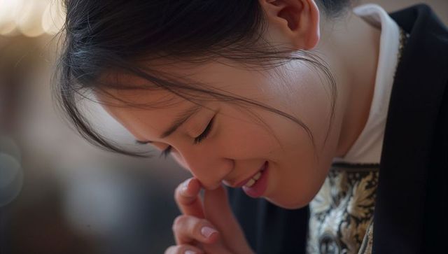 Intimate smiling woman touching lips wearing ornate embroidered collar and gold necklace