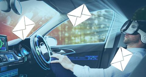 Man in VR Headset Relaxing in Autonomous Car Receiving Virtual Mail - Download Free Stock Images Pikwizard.com