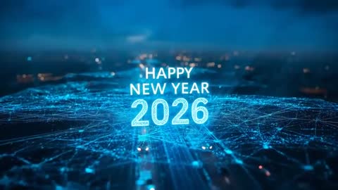 Animating Holographic Happy New Year 2026 Over Neon Digital Grid and Pulsing City Network