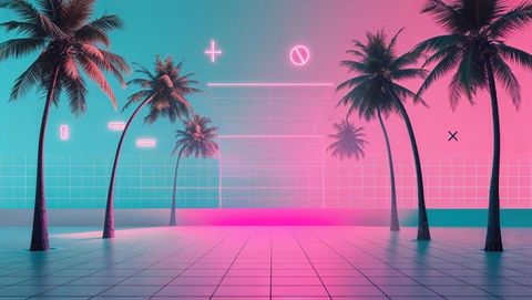 Vaporwave palm trees in neon arcade with digital grid
