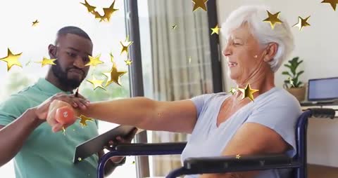 Rehab Therapist Assisting Elderly Patient Exercise Using Technology