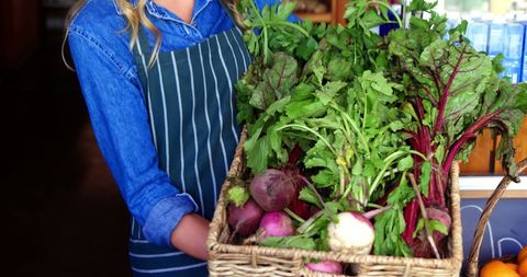 caucasian female holding basket of freshly harvested root vegetables in organic store. bright leafy greens and root vegetables symbolizing health and sustainability local business feature prominently. perfect for promoting farm-to-table concepts, organic food websites, healthy lifestyle blogs, and consumer interest in supporting small businesses.