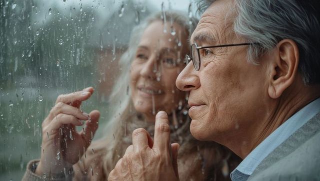 Elderly couple gazing through rain-speckled window, pressing hands and sharing quiet moment