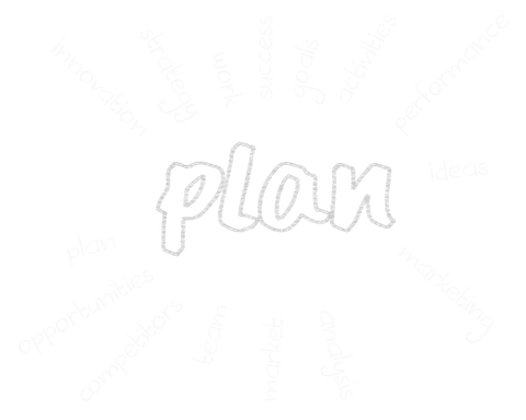 Digital text design featuring 'plan' surrounded by related words like strategy, success, goals, suggesting efficiency and competence in a professional context. Useful for presentations, posters, or materials focusing on organizational development or business education.