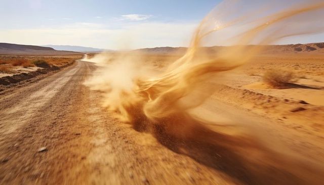 Swirling golden-brown sand plume sweeping along unpaved desert road, motion blur