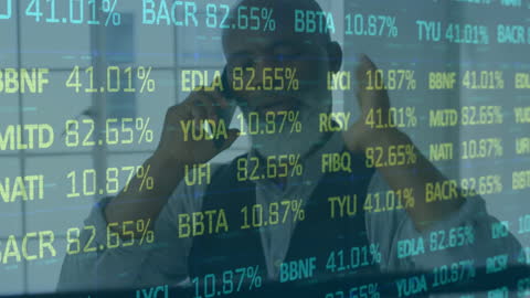 Techn savvy businessman discussing stock market in futuristic office