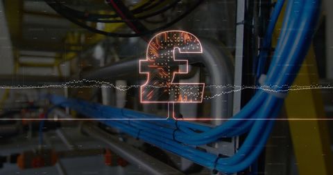 Digital pound symbol on industrial machine with blue cables and data flow