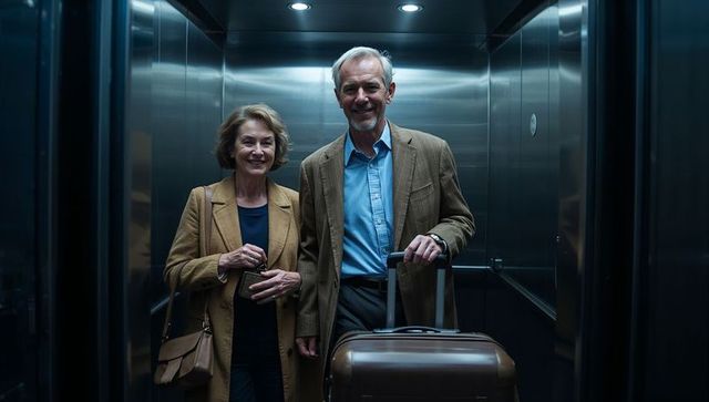 Senior couple traveling with suitcase in elevator, smiling, casual travel lifestyle