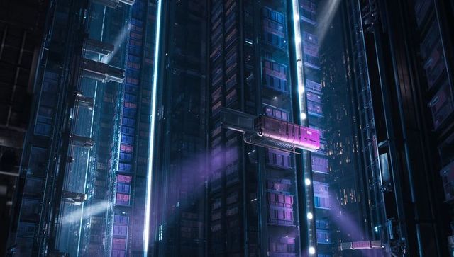 Futuristic Data Center with Neon Glowing Rack Tower Operations