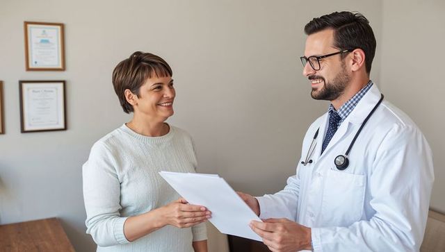 Doctor and mature woman discussing medical records during friendly clinic consultation