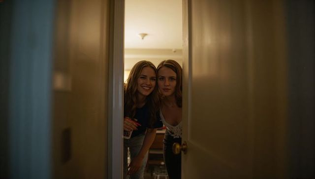 Two friends peering through ajar doorway under warm hallway lighting, candid moment