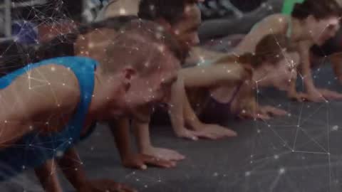 Group performing push-ups in gym with digital overlay tracking synced reps for strength training