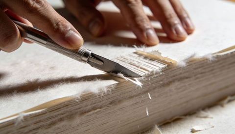 Conservator trimming book block with scalpel closeup for paper restoration and binding