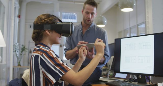 Young Woman Experiencing Virtual Reality in Modern Office - Download Free Stock Images Pikwizard.com