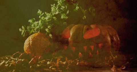 Eerie Halloween Pumpkin Glowing Among Autumn Foliage at Night