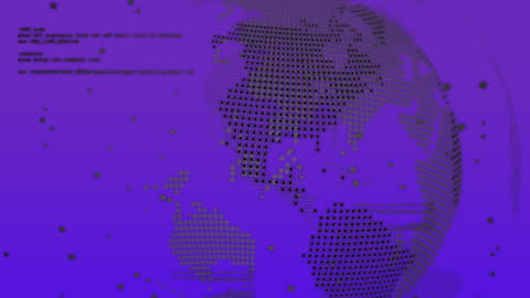 Digital World Map with Glitch Effect on Purple Background
