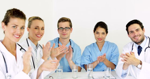 Medical team applauding at the camera in the board room at the hospital