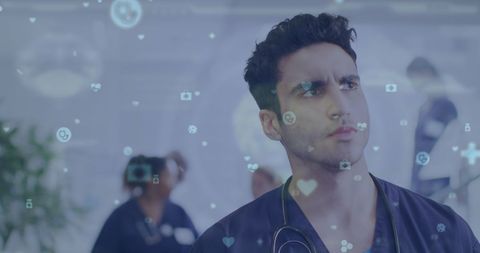 Thoughtful Male Doctor Amidst Digital Medical Icons Background
