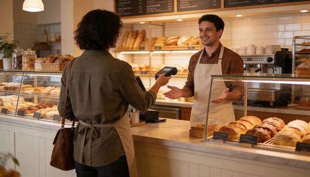 Friendly baker welcoming customer paying with contactless card at cozy bakery counter