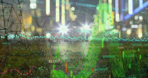 Digital Graphs Superimposed on Night Cityscape Symbolizing Data and Energy