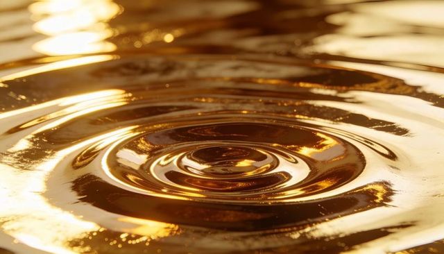 Liquid gold ripples creating concentric reflective rings and radiant light reflections