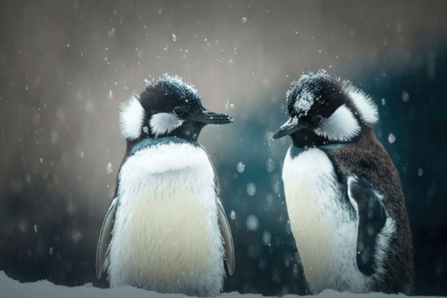 Two emperor penguins stand together in a snow-covered environment. Snowflakes gently fall around them, creating a serene and crisp winter scene. This image is ideal for wildlife documentaries, nature-focused websites, educational material, or content about Antarctic wildlife.