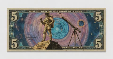 Futuristic Banknote with Astronaut Statue and Telescope