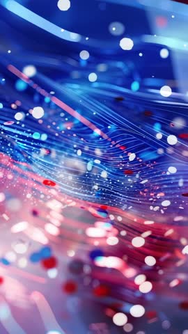 Vertical video flowing neon waves with drifting particles and bokeh for futuristic tech use