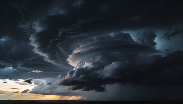 Swirling Supercell Over Prairie Horizon at Sunset with Dramatic Rain Shaft and Shelf Cloud