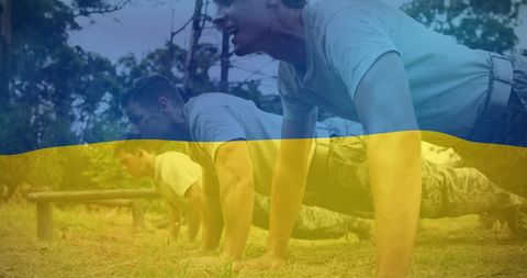 Soldiers Performing Push-Ups with Ukraine Flag Overlay