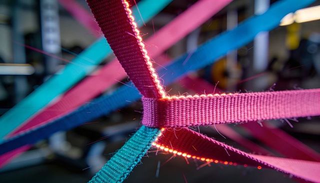 Neon rim-lit woven nylon straps meeting at central knot, frayed fibers, textured webbing
