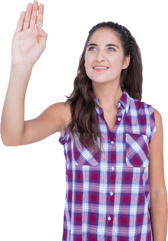 Transparent brunette touching invisible interface