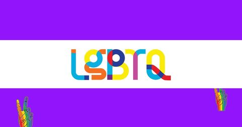 Colorful LGBTQ Letters With Rainbow Symbols Over Purple Background