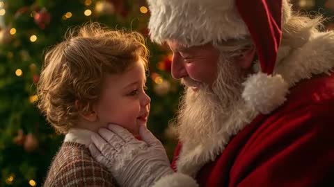 Santa cupping child's cheeks whispering tender holiday moment by Christmas tree